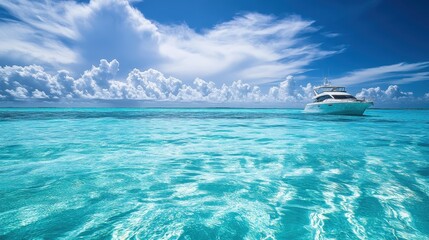 Fototapeta premium Serene Waters Under Bright Blue Skies with Boat in Tropical Paradise