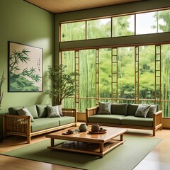 Fototapeta premium Serene Bamboo Living Room with Green Accents and Lush View