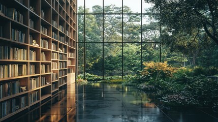 Fototapeta premium Modern library with floor-to-ceiling windows overlooking lush garden.