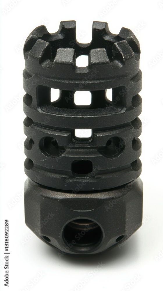 Poster close up view of a black cylindrical object with a complex, perforated design. the object has a text