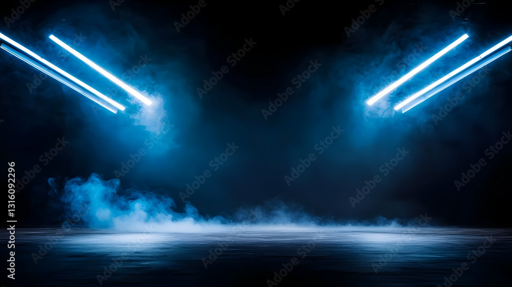 Poster empty dark stage illuminated by two diagonal blue neon lights with smoke and fog on a textured concr