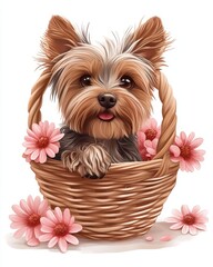 A heartwarming scene is created by a cute yorkshire terrier puppy sitting in a wicker basket adorned with pink flowers