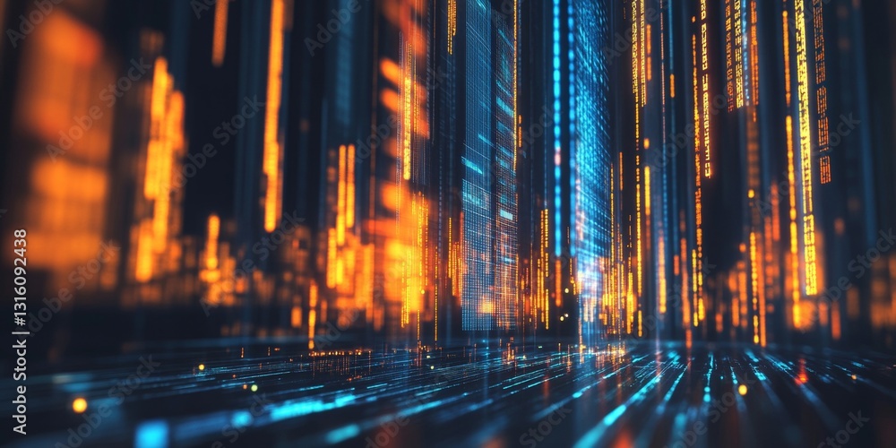 Poster dynamic abstract digital background with neon lines and glowing data in a futuristic cityscape