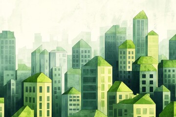 Captivating abstract illustration of a green urban landscape featuring buildings with mossy rooftops, showcasing eco-friendly design elements and modern architecture.