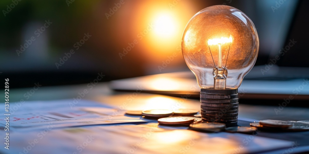 Poster illuminated light bulb on table surrounded by coins and business documents in creative workspace