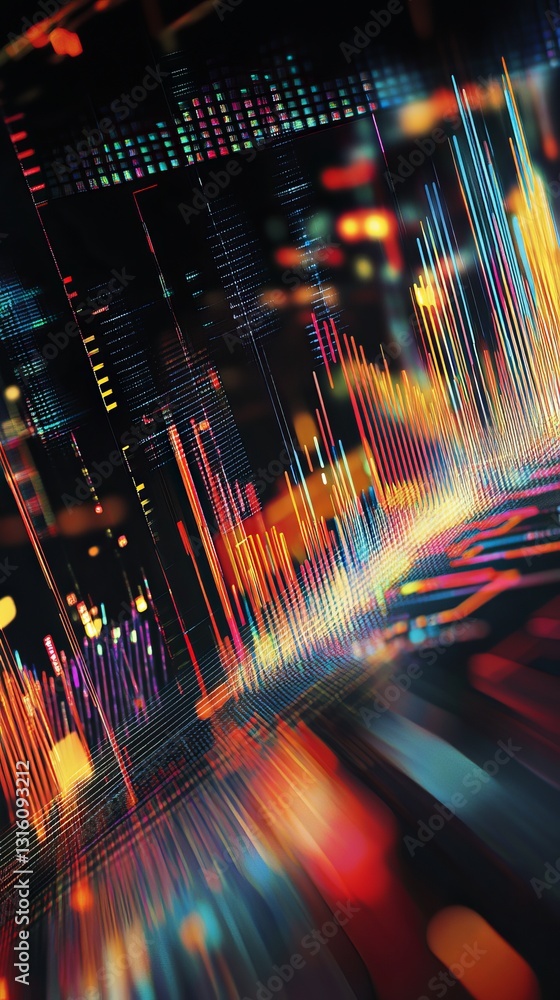 Poster this vibrant abstract data visualization features colorful patterns and dynamic light, showcasing mo