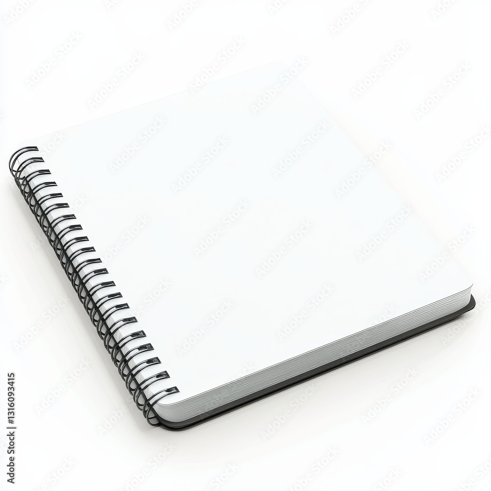 Poster a spiral bound notebook with a black cover and white pages. the notebook is empty and ready to be fi