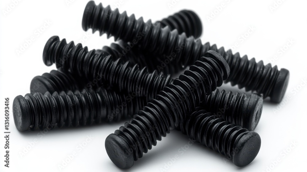 Poster close up view of several black plastic threaded rods against a white background. the rods are cylind