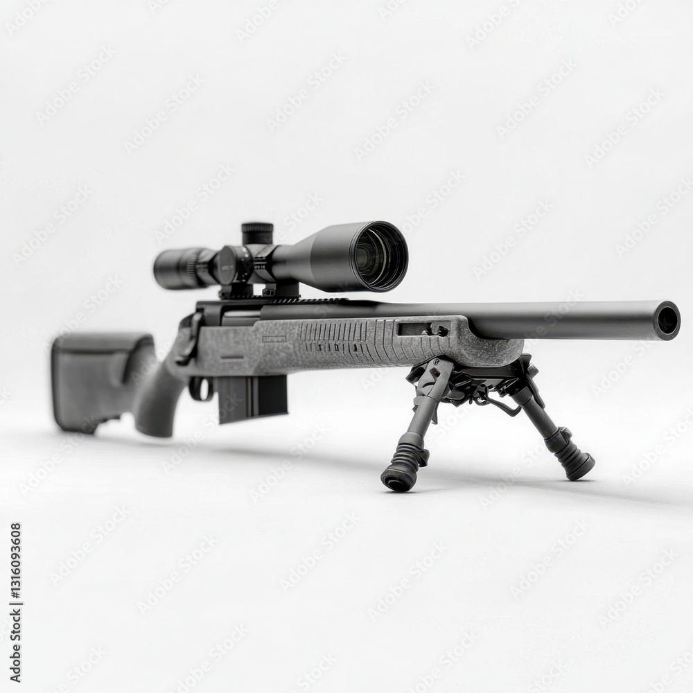 Poster close up view of a black rifle with a scope mounted on top, resting on a bipod against a white backg