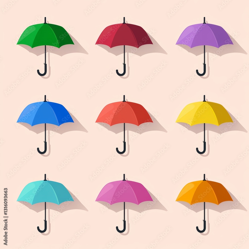 Poster row of colorful umbrellas are hanging from a wall. the umbrellas are of different colors and sizes
