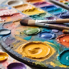 Obraz premium Colorful Artist's Palette with Paint and Brushes