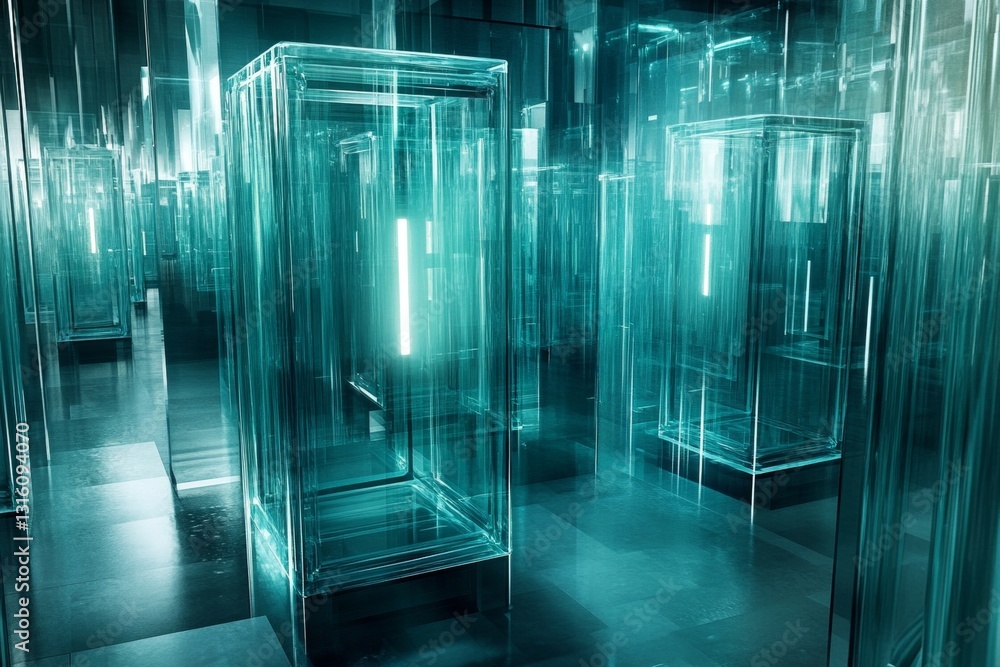 Poster this image showcases a stunning array of futuristic glass structures, reflecting light and creating 
