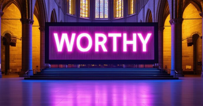 Glowing led billboard with worthy in bright magenta and electric blue standing inside grand cathedral with high vaulted ceilings