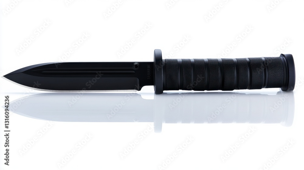 Poster black knife with textured handle, reflecting on a white surface. studio shot with sharp details and 