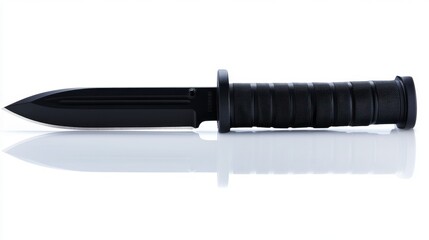Black knife with textured handle, reflecting on a white surface. Studio shot with sharp details and minimal background.