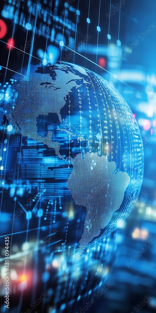 Poster this abstract image features a globe illuminated with digital data, representing global connectivity