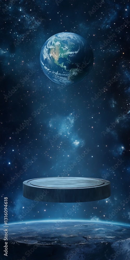 Aufkleber earth floating in space above a circular platform in cosmic background
