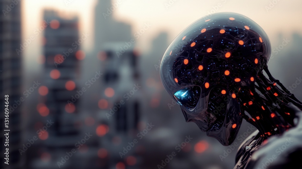 Poster chrome android in futuristic cityscape ai robot cyberpunk sci fi