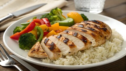 A delicious plate featuring grilled chicken breast, fluffy rice, and a medley of fresh vegetables
