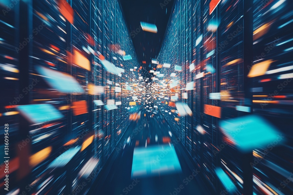 Poster experience an abstract visualization of digital data flow in a high-tech server environment, showcas