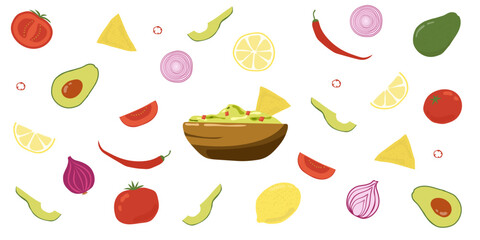 Guacamole sauce in the bowl and ingredients. Healthy organic food concept with vegetables. Hand drawn illustration
