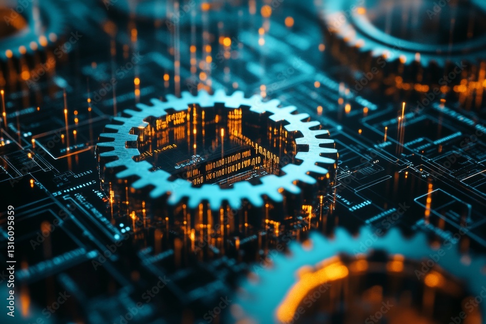 Poster futuristic gears and circuit board design with glowing elements