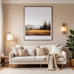 Cozy Living Room Interior with Mountain Landscape Artwork