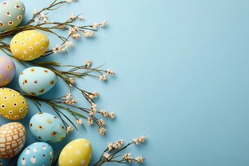 Obraz premium Soft blue scene with decorated eggs and willows brings Easter calm.
