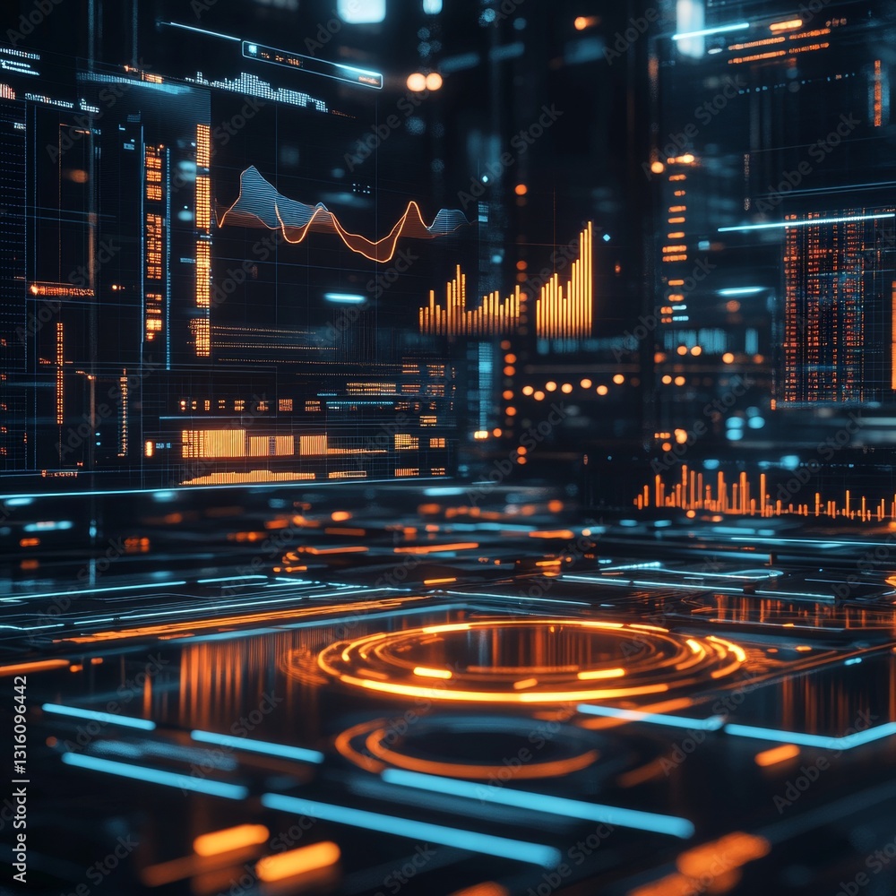 Poster a computer screen with a lot of orange and blue lines and shapes. the image is of a cityscape with a
