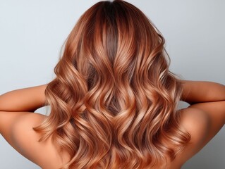 Naklejka premium A woman with long wavy copper colored hair is shown from the back