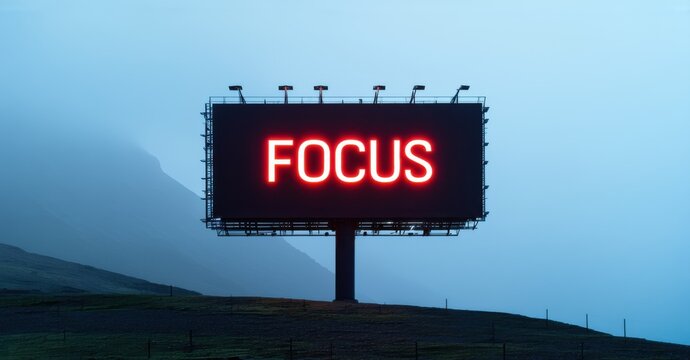 Naklejki Massive illuminated billboard displaying focus in glowing red and deep black standing alone in foggy mountain pass symbolizing unwavering determination