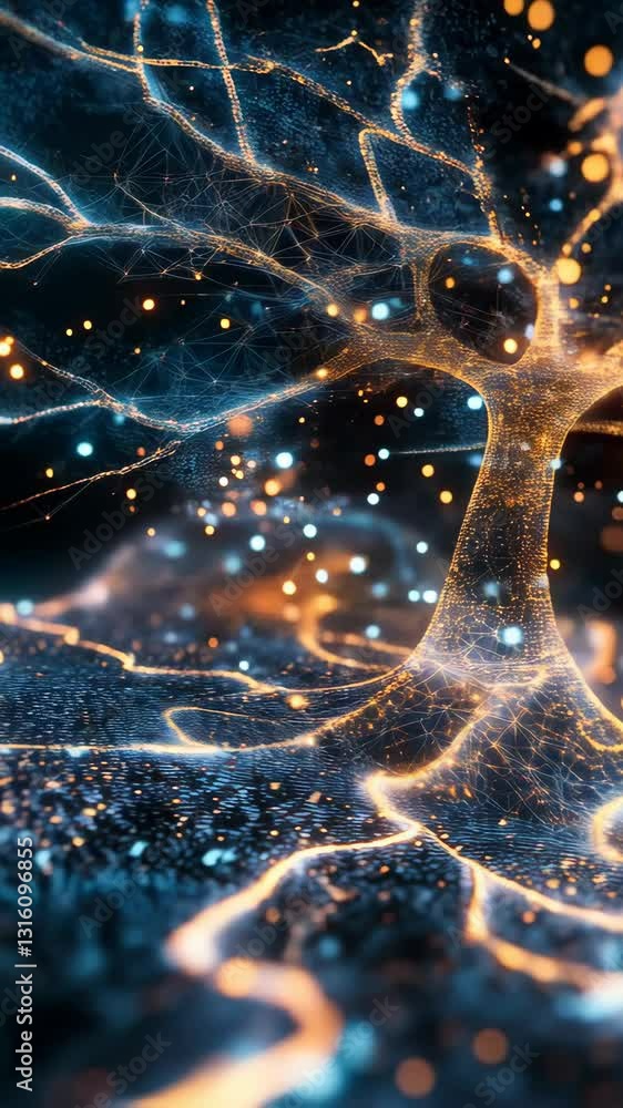 Poster a stylized tree composed of interconnected lines and nodes, resembling a neural network or data visu