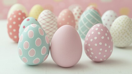 Fototapeta premium Ample text space accompanies cute pastel Easter eggs with playful patterns.