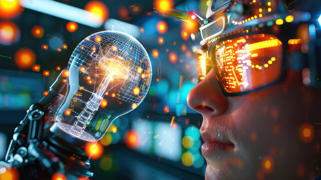digital human head with glowing geometric patterns and futuristic glasses interacts with robotic hand holding light bulb, symbolizing AI powered innovation and technology