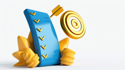 blue checklist with golden checkmarks stands beside golden target with arrow, symbolizing business goal achievement and success