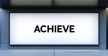 Minimalist steel billboard with achieve in obsidian and glowing white mounted on walls of state of art innovation lab