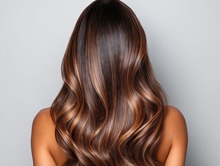 A woman with long wavy brown hair with caramel highlights