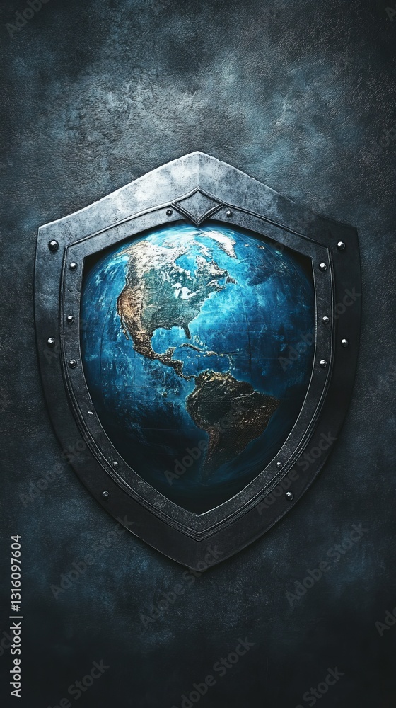 Poster a visually striking shield design featuring a globe, symbolizing protection and global unity, set ag