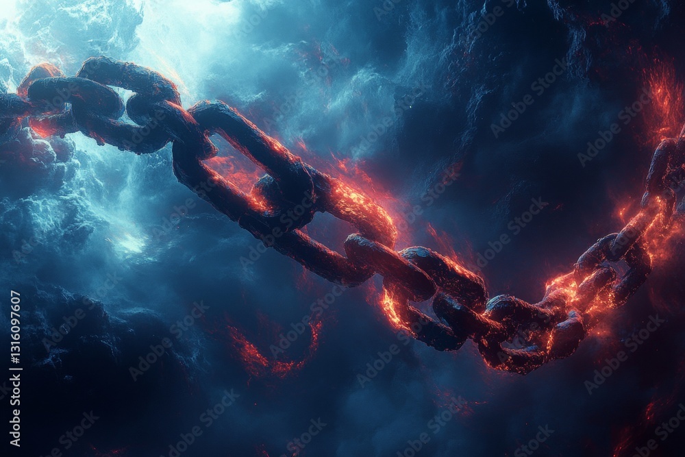 Poster a stunning image of a glowing chain against a dark sky filled with mystical clouds, showcasing fiery
