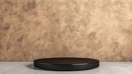 Black Circular Podium Against Textured Wall: 3D Render AI Generated