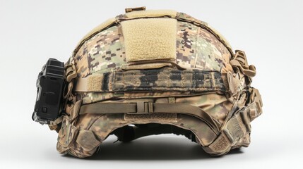 Fototapeta premium Rear view of a tactical helmet with camouflage pattern, various attachments, and neutral background.