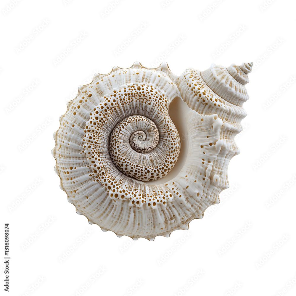 Poster detailed seashell close-up with spiral pattern on white or transparent background