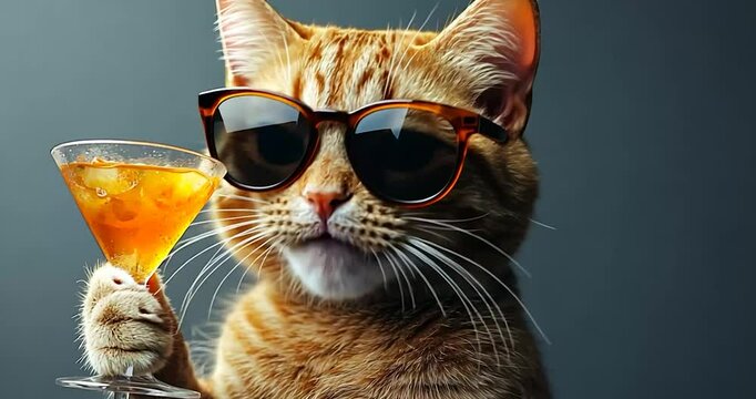 Cool Orange Cat in Sunglasses Holding a Cocktail