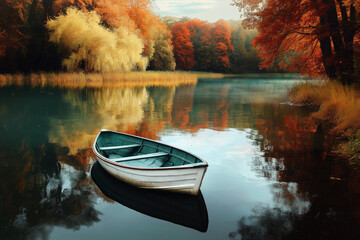 Tranquil Autumn Lake with a wooden boat under vibrant red maple trees.  