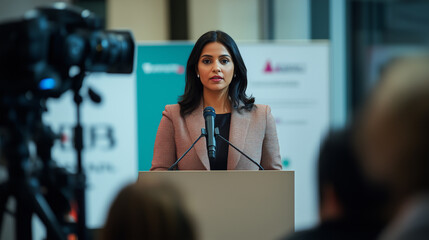 A South Asian Woman CEO Speaks at a Press Conference.
