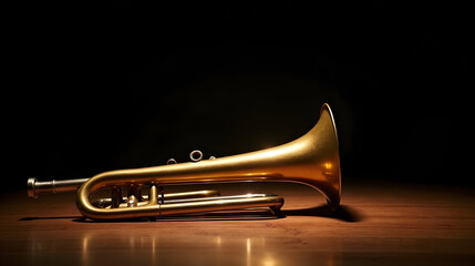 Obraz premium Polished Golden Trumpet on Wooden Stage Under Soft Spotlights with Dark Fading Background - International Jazz Day