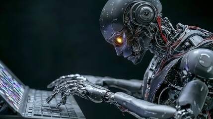 Fototapeta premium AI Robot Typing on Laptop Futuristic Technology Cyborg Artificial Intelligence