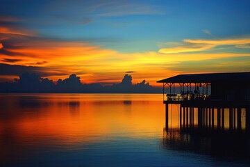 Sunset over water, stilt house, calm sea, colorful sky, travel