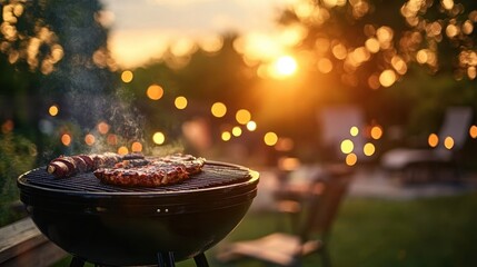 Backyard barbecue and grill food party with american flags on blurred background. 4th of july, independence day of united states