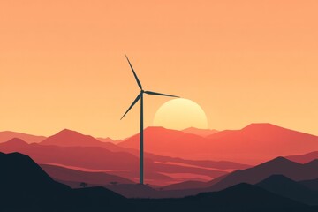Beautiful vector illustration of a wind turbine silhouetted against a vibrant sunset over mountains. A perfect image for promoting renewable energy and nature.